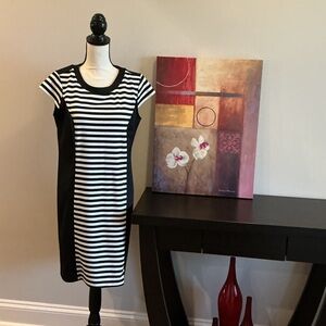 Black & White Striped Midi Dress with Contrast Side Panels - Women